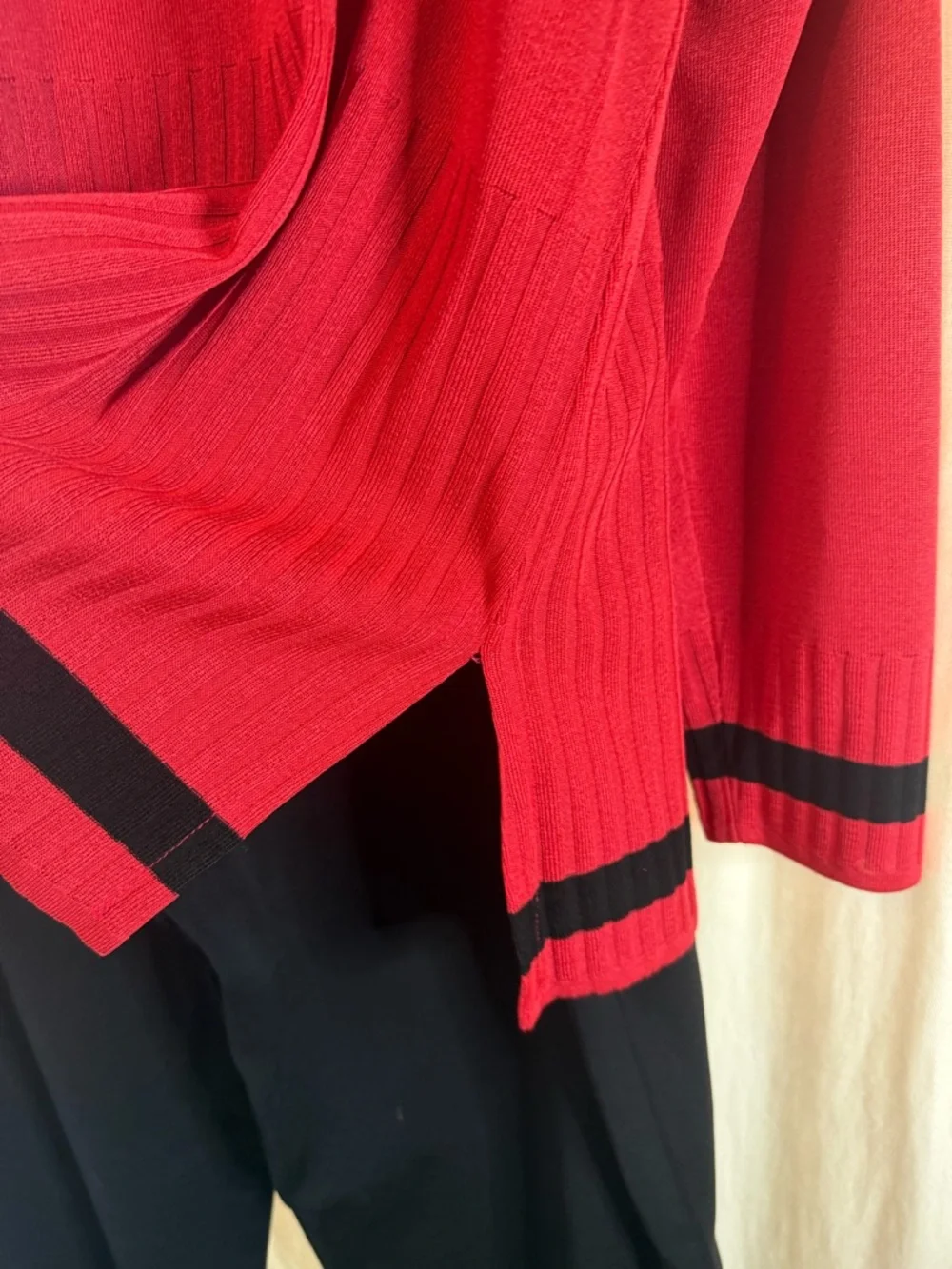 Misook Black Dress Trousers and Matching Red and Black Cardigan